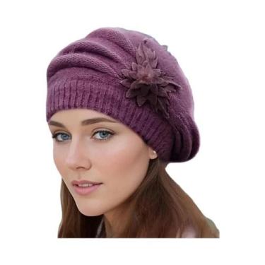 Imagem de Chapéu feminino inverno flor chapéu boina grossa quente malha lã chapé