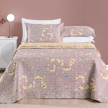 Imagem de Kit Cobre Leito Colcha Dallas King Dupla Face Estampada 3 Peças - Rosê Lavanda Floral