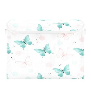 Imagem de Burbuja Caixa de armazenamento de borboletas em aquarela com tampa e alças, grande caixa de armazenamento dobrável para prateleiras armário quarto escritório organizador