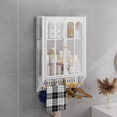 Imagem de Armário de medicamentos de metal, armazenamento de banheiro montado na parede, prateleiras ajustáveis, penteadeira acima do vaso sanitário, barra de toalha incluída, organizador de banheiro elegante