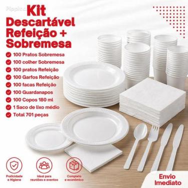 Imagem de Kit Descartáveis 701 Peças Pratos+Garfos+Facas+Colher+Guardanapos+Copo