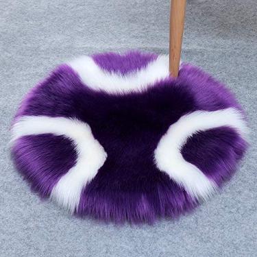 Imagem de Tapetes redondos falsos, listrados, geométricos, macios, tapete de pelo longo, antiderrapante, lavável para sala de estar, quarto, escritório, banheiro, varanda, sofá infantil, almofada para pés, roxo, branco