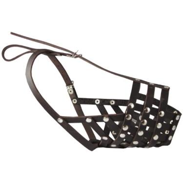 Imagem de Focinheira de cesta de malha de couro genuíno para cães marrom - Pit Bull, (circunferência 32 cm, comprimento do focinho 9 cm)