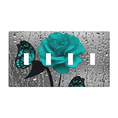 Imagem de Tampa decorativa para interruptor de luz com 4 interruptores de luz com botão quádruplo de flor rosa cinza azul-petróleo placa de interruptor elétrico para banheiro, cozinha, sala de estar, decoração de casa