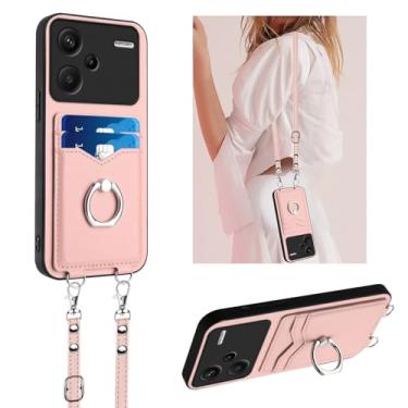 Imagem de LEMAXELERS Capa para Redmi Note 13 Pro Plus 5G com suporte para cartão e suporte de anel para mulheres, com cordão transversal removível alça de ombro bolsa capa para Redmi Note 13 Pro+ 5G. Rosa YKB