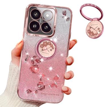 Imagem de MRRSIWEI Capa para Xiaomi 14T Pro para mulheres e meninas, capa à prova de choque com flores brilhantes e brilhantes com suporte de anel para Xiaomi 14T Pro. Flores rosa