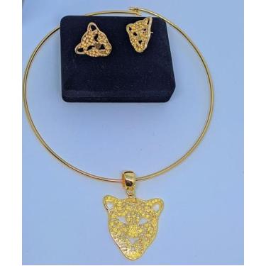 Imagem de Kit Colar e Brincos Choker Elo Aro Rigido Liso Fino com Pingente Onça 