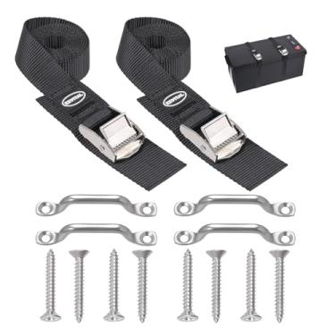 Imagem de EXVITAL Kit de fixação de alça de fixação de bateria, kit de amarração térmica de 2,5 cm x 122 cm com fivela de came não enferruja, suporte de aço inoxidável e parafusos SS para bateria RV, cinto de
