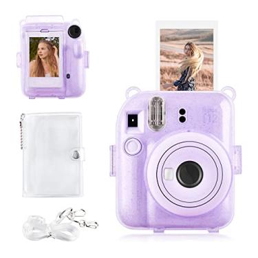 Imagem de Rieibi Capa transparente compatível com Fuji Instax Mini 12 - bolsa com glitter para câmera instantânea Fujifilm Instax Mini 12 com bolso traseiro, alça e álbum de fotos - roxo brilhante
