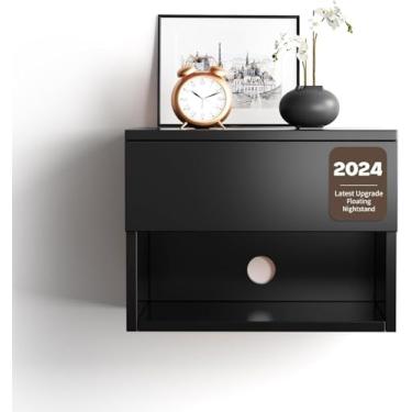 Imagem de Mesa de cabeceira flutuante, mesa de cabeceira moderna montada na parede com gaveta, prateleira de cabeceira de madeira e mesa, mesa de canto moderna de madeira para quarto (preto QD1, conjunto de 1)