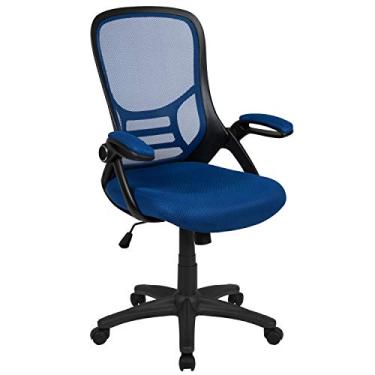Imagem de Flash Furniture Cadeira de escritório giratória ergonômica de malha azul com estrutura preta e braços articulados
