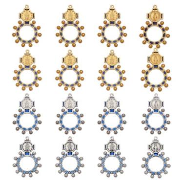 Imagem de FINGERINSPIRE 16 peças anel de terço de dedo católico para batismo 4 cores estilo tibetano pingentes de liga redonda com padrão para oração, presentes e joias religiosas para católicos e cristãos,
