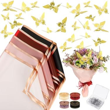Imagem de Fulmoon 300 peças, 5 cores, buquê de flores com borda dourada, papel de embrulho translúcido, à prova d'água, papel floral com fita, broche de buquê de borboleta dourada 3D para artesanato DIY