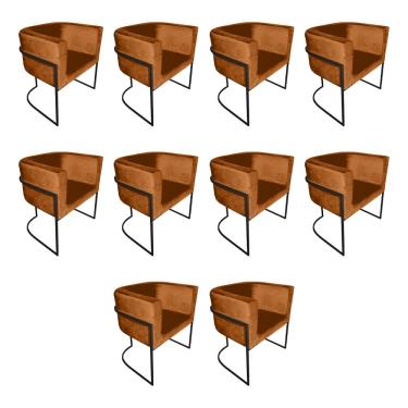 Imagem de Kit 10 Poltronas Decorativa Sala De Estar Base De Ferro Preta Veludo Terracota Laranja