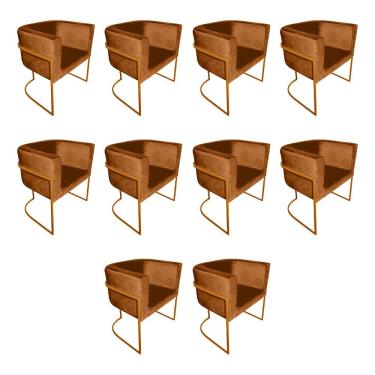 Imagem de Kit 10 Poltronas Decorativa Sala De Estar Base De Ferro Cobre Veludo Terracota Laranja