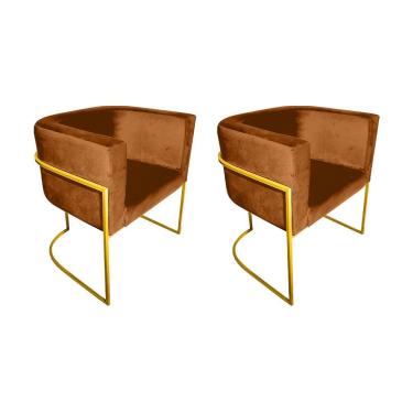 Imagem de Kit 2 Poltronas Decorativa Sala De Estar Base De Ferro Dourada Veludo Terracota Laranja