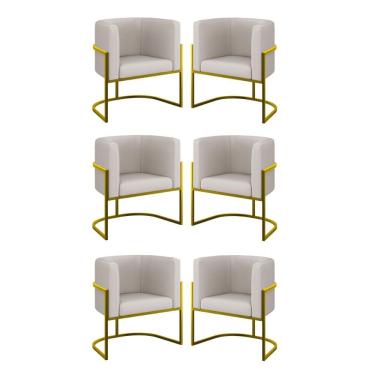 Imagem de Kit 06 Poltronas Lua Sala Decorativa Base Ferro Gold Corino Bege