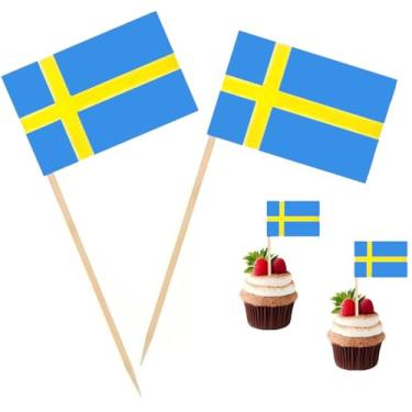 Imagem de 100 Pac Bandeira da Suécia Bandeiras de palito de dente sueco, palhetas de coquetel, mini palito, topos de cupcake, palitos de país, decoração de festa, celebração, coquetel, comida, bar, bolo,