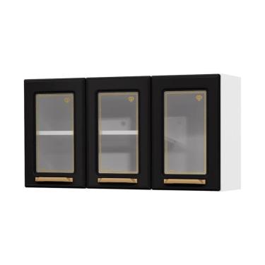 Imagem de Armário De Cozinha Aéreo De Aço 3 Portas Com Vidro 105cm Multimóveis Cr20359 Branco-preto