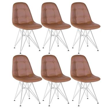 Imagem de Kit 6 Cadeiras Estofadas Charles Eames Eiffel Botonê Com Pés De Metal Cromado Marrom Marrom