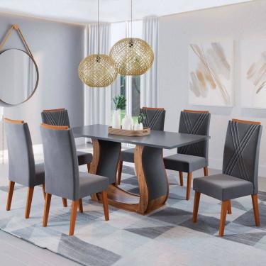 Imagem de Mesa de Jantar 6 Lugares Cassia Imbuia/Cinza/Veludo Grafite - Pnr Móveis