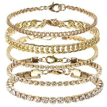 Imagem de kelistom Tornozeleira feminina de strass com elos cubanos, corrente banhada a ouro 18 K ou ouro branco com extensão, 8.6 inches + 1.96 inches / 22 cm + 5 cm, Metal, Zircônia cúbica