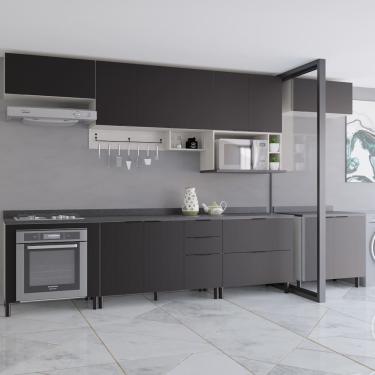 Imagem de Cozinha Completa Bartira Rubi com 13 Portas, 2 Gavetas, 3 Gavetões, 5 Prateleiras, 1 Nicho e 360cm de Largura - Freixo/Preto Poah