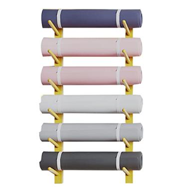Imagem de Estante de madeira para armazenamento de esteiras de ioga de 6/9 camadas, prateleira de exibição para rolos de espuma/tapetes de pilates para montagem em parede para casa / sala de fitness / estudo
