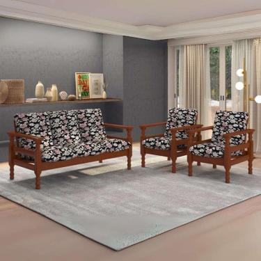 Imagem de Jogo De Sofá Madeira Maciça Liz 3 Lugares E 2 Poltronas Multimóveis Floral Rosa