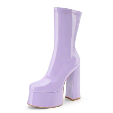 Imagem de Perisis Bota feminina de cano curto com plataforma GoGo, salto alto, redondo, com zíper, de couro, cano médio, para festa rave, Patente roxo claro, 35
