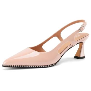 Imagem de Perisis Sapatos femininos de salto gatinho fechado bico fino couro envernizado com fivela sem cadarço e contas, Rosa bebê, 38