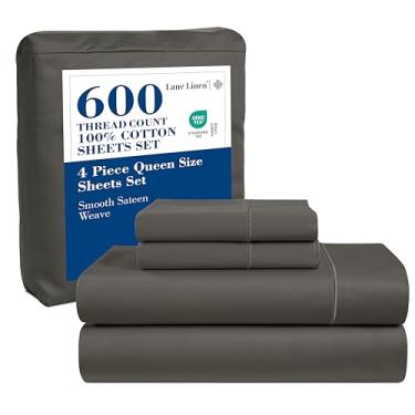 Imagem de LANE LINEN Jogo de lençol Queen Size – Lençóis refrescantes 100% algodão natural 600 fios, acabamento de cetim macio de luxo de hotel, ajuste confortável, lençol elástico com bolso profundo de 38 cm