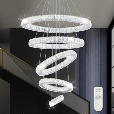 Imagem de Mccokaige Lustres de cristal de 5 anéis, candelabro de LED, moderno, contemporâneo, lustre de cristal, prata, grande, ajustável, grande cristal, luminária, para sala de estar, hall de entrada