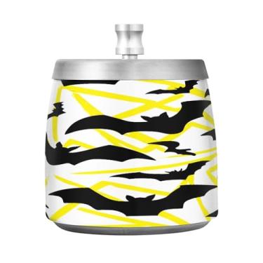 Imagem de Qilmy Cinzeiro de aço inoxidável Halloween Black Bats com tampa - Cinzeiro de cigarro à prova de vento sem cheiro sem fumaça para casa, escritório, carro, pátio, varanda (uso interno e externo)