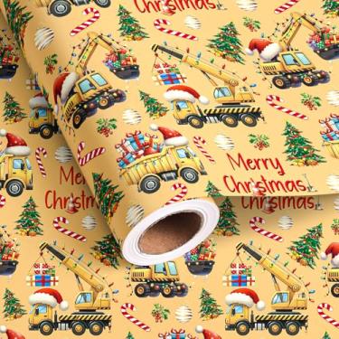 Imagem de Altarho Papel de embrulho de Natal de construção para crianças - Engraçado amarelo caminhões, guindastes, escavadeiras, trator embrulho, chapéu de Papai Noel, design de árvore de Natal para decoração