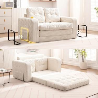 Imagem de ALLGOD Sofá-cama convertível bege com travesseiros, sofá-cama de sofá com suporte de copo e moldura fixa, sofá-cama dobrável pequeno 2 em 1 para quarto, sala de estar, quarto de hóspedes, quarto de