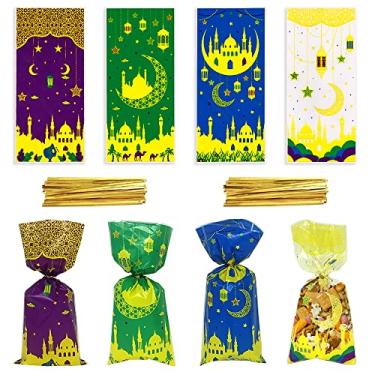 Imagem de 100 sacos Eid Mubarak Ramadã Kareem Goodie celofane sacos de doces para presentes, al-Adha 4 cores castelo muçulmano lua estrela plástico celofane saco para artigos de festa