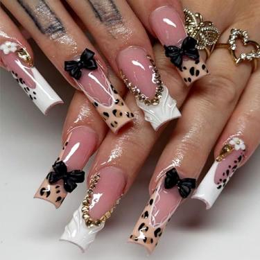 Imagem de 24 peças de unhas postiças quadradas de pressão longa com laço 3D preto com design de strass, estampa de leopardo, ponta francesa, unha postiça, brilhante, cobertura completa, bastão de acrílico