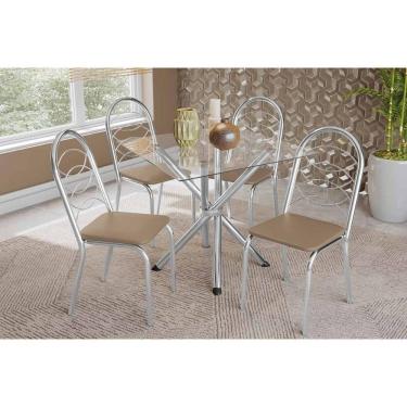 Imagem de Kit 4 Cadeiras Sala Jantar Volga C- Tampo De Vidro 90cm E 4 Cadeiras Holanda Cromada - Courano Bege - Kappesberg