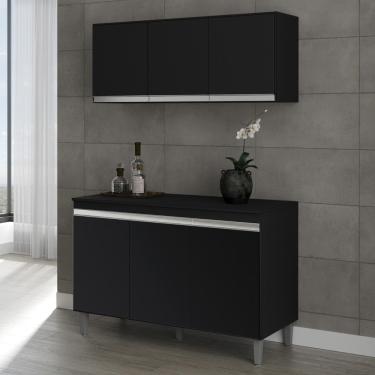 Imagem de Armário Aéreo e Balcão Gabinete Cozinha Manu 120cm Com Tampo 3 Portas Preto - Abmaza