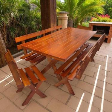 Imagem de Conjunto Mesa de Madeira Maciça Rústica para Churrasco e 4 Bancos Marr