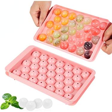 Imagem de Bandejas de cubo de gelo para freezer, molde de bola de gelo mini círculo redondo molde de cubo de gelo com tampa fazendo 66 peças para coquetel uísque chá café 2 bandejas(Pink)