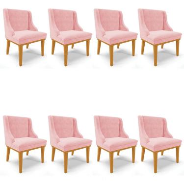 Imagem de Kit 8 Cadeiras Estofadas para Sala de Jantar Base Fixa de Madeira Castanho Lia Suede Rosa bebê - Ibi
