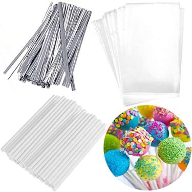 Imagem de Conjunto de sacolas de bolo pirulito de prata, incluindo 100 sacos de pacote, 100 palitos de papel, 100 peças de laços metálicos coloridos para fazer pirulitos, bolos, doces, chocolates e biscoitos
