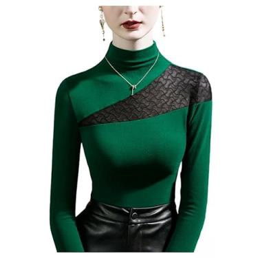 Imagem de Yueary Túnica feminina de malha transparente básica de renda manga longa gola redonda roupa de trabalho elegante blusa tops, Verde, XXG
