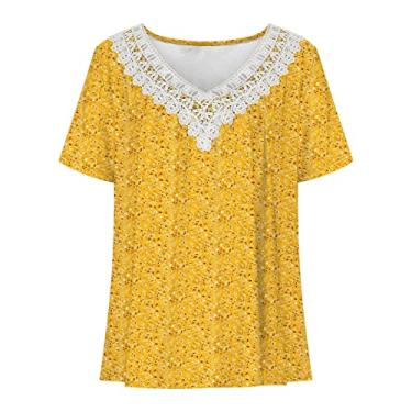 Imagem de Blusa feminina floral folgada para outono verão manga curta renda gola V franzido blusa feminina 2024, C-115 Amarelo Mostarda, G