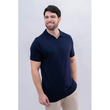 Imagem de Camisa Masculina Polo Gola V Tricot (BR, Alfa, G, Slim, Azul Marinho)