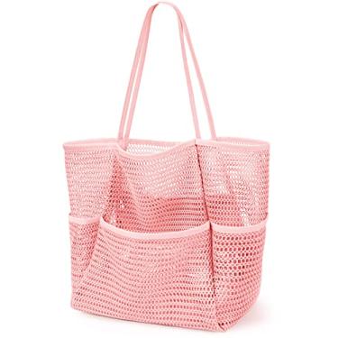Imagem de KPX Bolsa de praia de malha, sacola feminina grande, dobrável, de malha, com bolsos, à prova de areia, impermeável, Estilo rosa 2