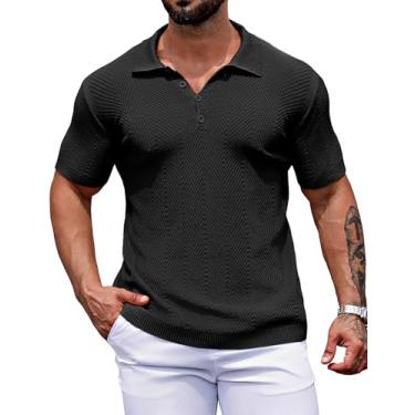 Imagem de URRU Camisa polo masculina de malha de manga curta texturizada pulover camiseta leve de ajuste clássico, Preto, G