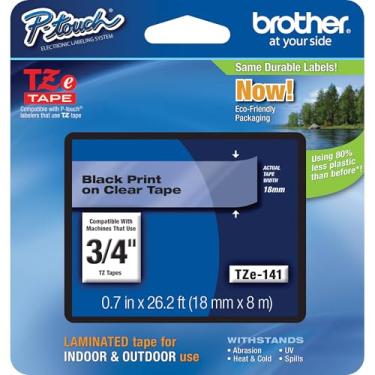 Imagem de Brother Fita P-Touch TZE-141 genuína, fita P-Touch laminada padrão de 1,8 cm, preta em transparente, laminada para uso interno ou externo, resistente à água, 8 m, embalagem única